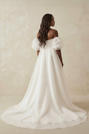 Puff Sleeves Off - the - Shoulder Satin A - Line Wedding Dress in White - KissProm Wedding Dresses