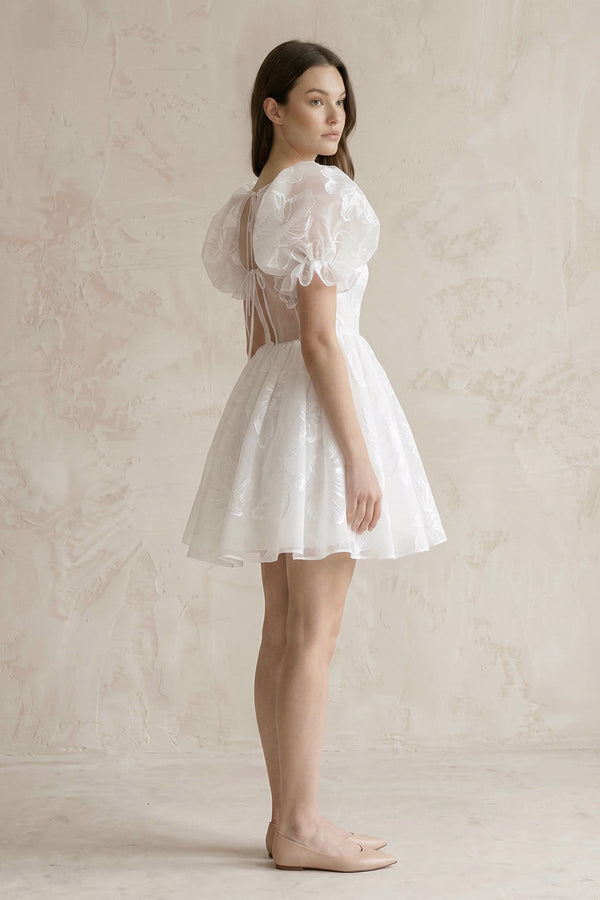 Puff Sleeves Square Neck A - Line Appliqued Tulle Wedding Dress in White - KissProm Wedding Dresses