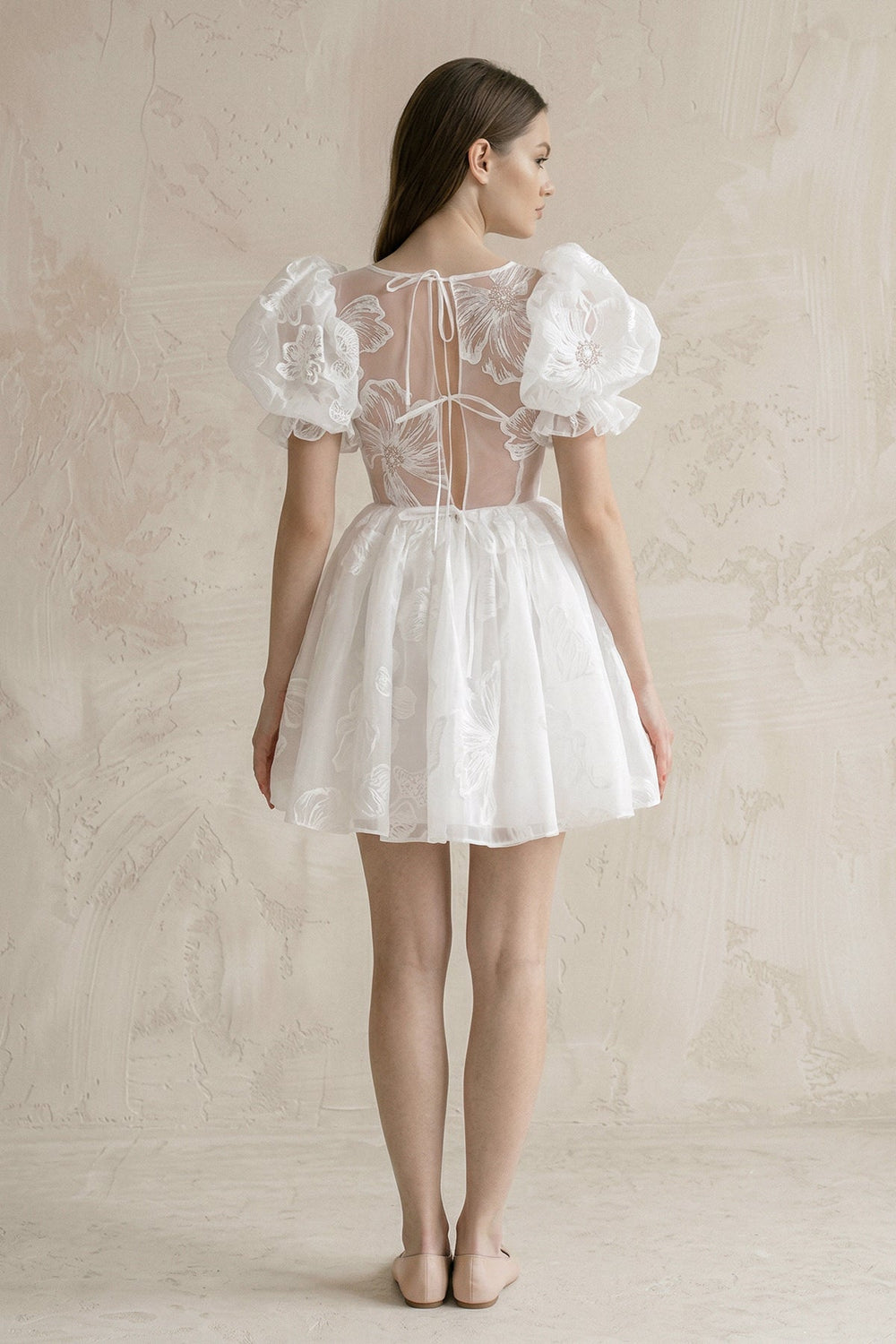 Puff Sleeves Square Neck A - Line Appliqued Tulle Wedding Dress in White - KissProm Wedding Dresses