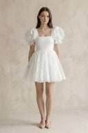 Puff Sleeves Square Neck A - Line Appliqued Tulle Wedding Dress in White - KissProm Wedding Dresses