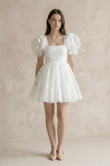 Puff Sleeves Square Neck A - Line Appliqued Tulle Wedding Dress in White - KissProm Wedding Dresses