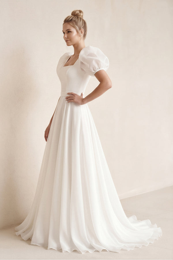 Puff Sleeves Square Neck A - Line Chiffon Wedding Dress in White - KissProm Wedding Dresses