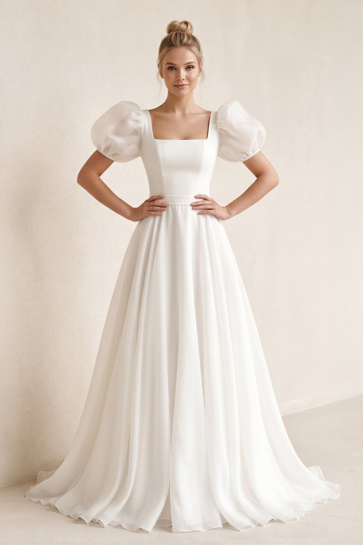 KissProm Charming A-Line Square Neck Short Sleeves Wedding Dresses with Train, Diamond White / 12