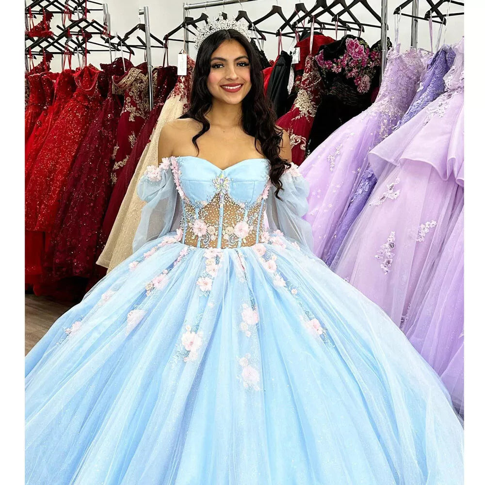 Puffy Blue Organza Ball Gown Beaded Off-the-Shoulder Quinceanera Dress