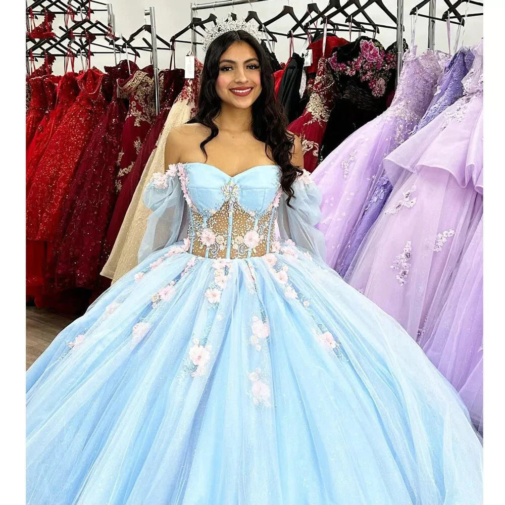Puffy Blue Organza Ball Gown Beaded Off-the-Shoulder Quinceanera Dress, Blue / 12 Puffy Blue Organza Ball Gown Beaded Off-the-Shoulder Quinceanera Dress, Blue / 12