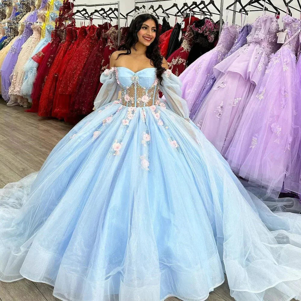Puffy Blue Organza Ball Gown Beaded Off-the-Shoulder Quinceanera Dress, Blue / 12 Puffy Blue Organza Ball Gown Beaded Off-the-Shoulder Quinceanera Dress, Blue / 12