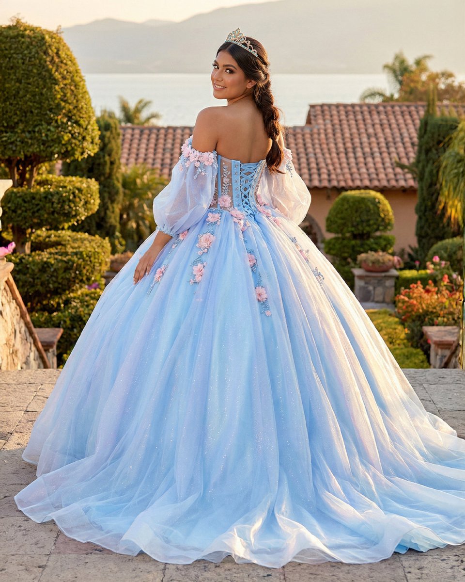 Puffy Blue Organza Ball Gown Beaded Off-the-Shoulder Quinceanera Dress, Blue / 12 Puffy Blue Organza Ball Gown Beaded Off-the-Shoulder Quinceanera Dress, Blue / 12