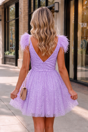 Purple A-line Deep V Neck Tulle Homecoming Dress with Feathers | KISSPROM