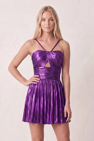 Purple A-Line Metallic Spaghetti Strap Pleated Homecoming Dress | KISSPROM