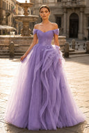Purple A-Line Off Shoulder Long Prom Dress Lace Long Evening Dress-KissProm
