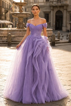 Purple A-Line Off Shoulder Long Prom Dress Lace Long Evening Dress-KissProm