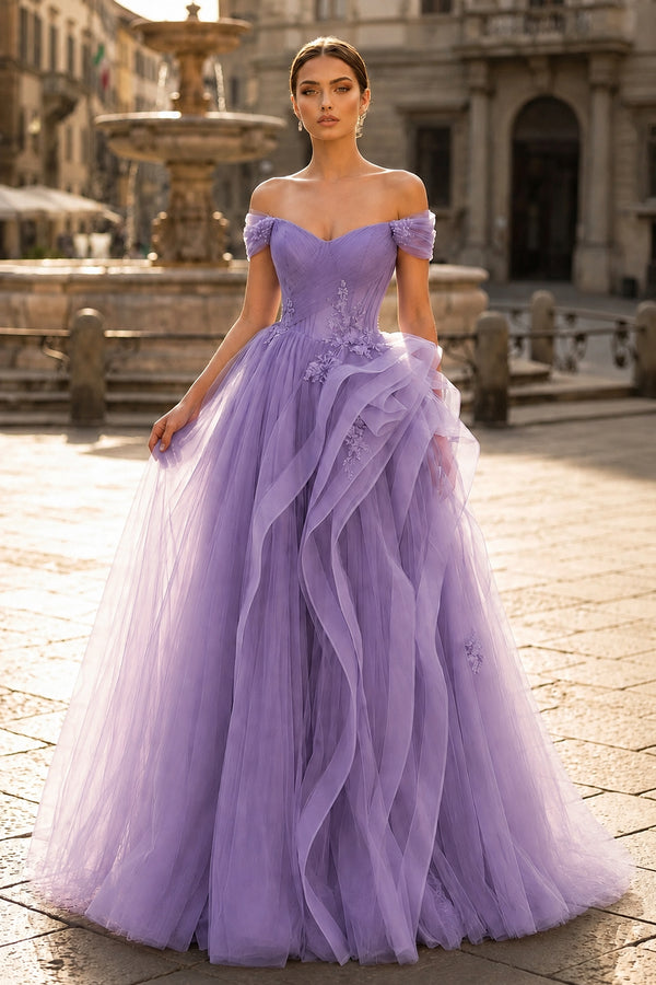 Purple A-Line Off Shoulder Long Prom Dress Lace Long Evening Dress-KissProm