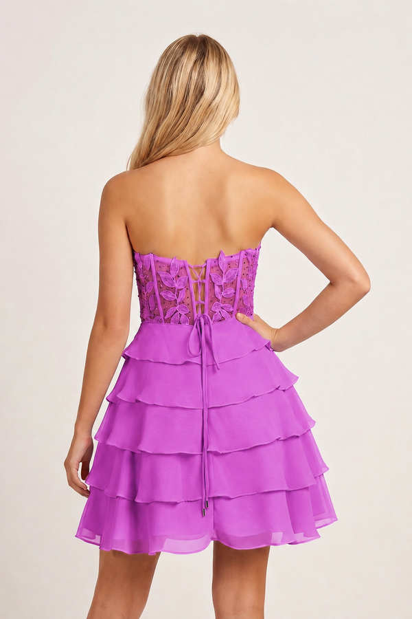 Purple A-Line Strapless Tiered Corset Short Homecoming Dress with Appliques - KISSPROM