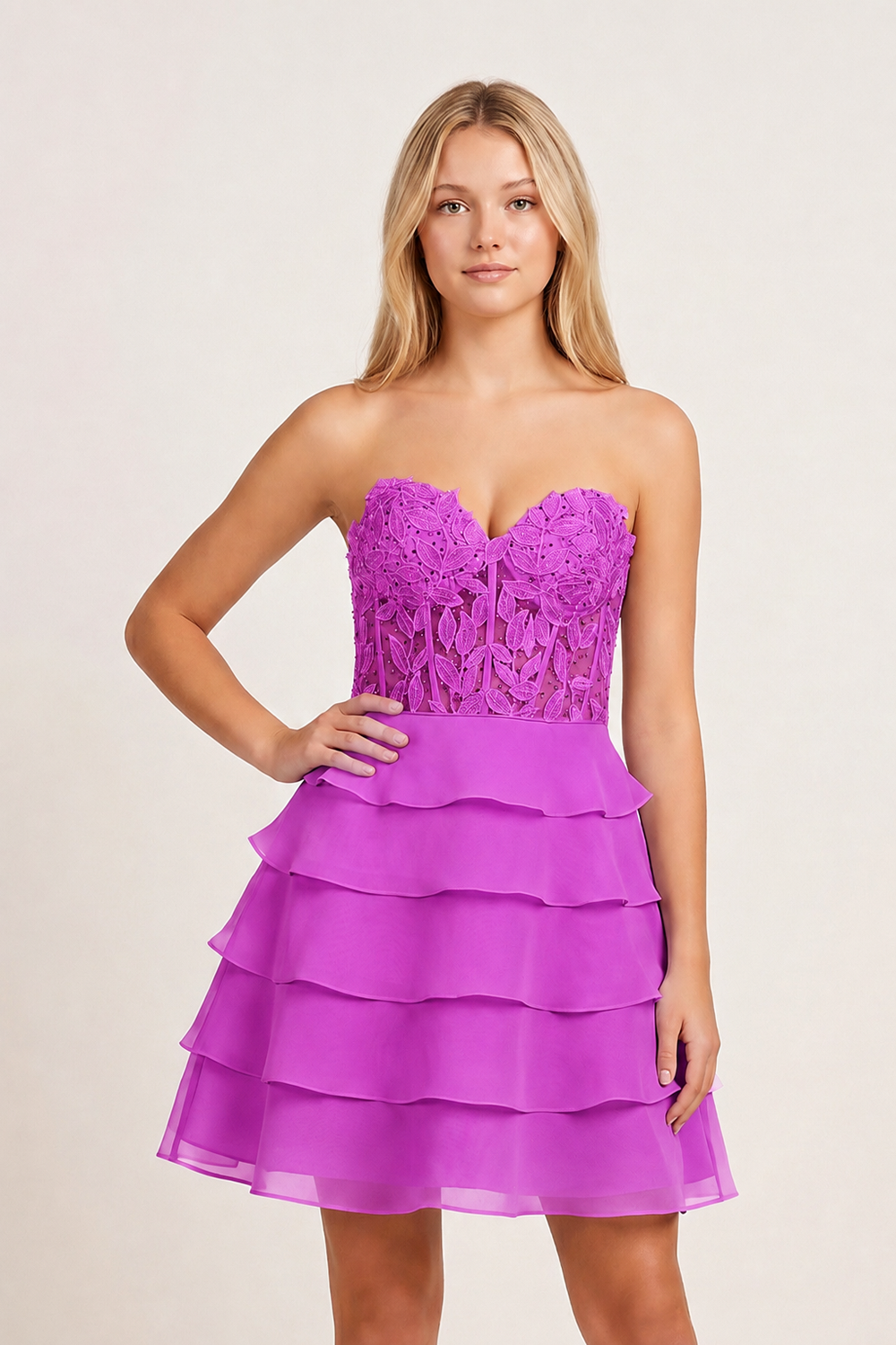 Purple A-Line Strapless Tiered Corset Short Homecoming Dress with Appliques - KISSPROM