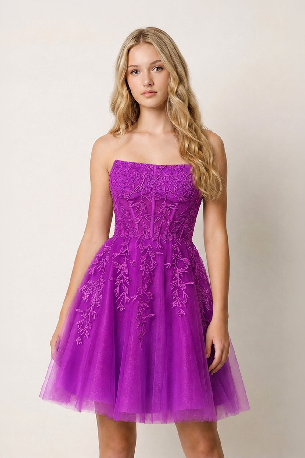 Purple A-Line Tulle Lace Homecoming Dress with Appliques | KISSPROM