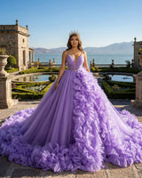 KissProm Purple A-line V Neck Tulle Ball Gown Purple Princess Dress, Purple / 18