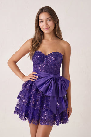 Purple Corset Sequin Appliques Short Party Dress with Bow | KISSPROM