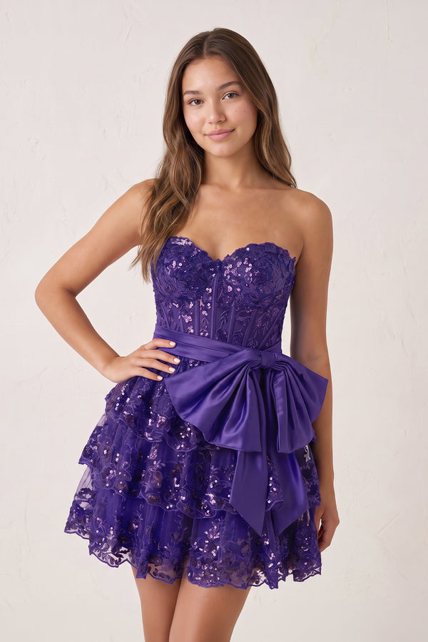 Purple Corset Sequin Appliques Short Party Dress with Bow | KISSPROM
