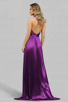 Peacock Blue Halter Neck A - Line Long Prom Dress With Split - KissProm