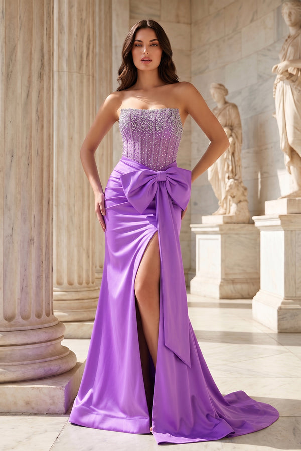 Split Strapless Mermaid Corset Prom Dresses with Side Bowknot - KissProm