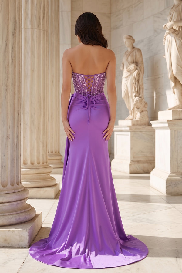 Split Strapless Mermaid Corset Prom Dresses with Side Bowknot - KissProm