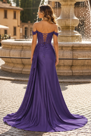Off the Shoulder Satin Beaded Prom Dress With Appliques