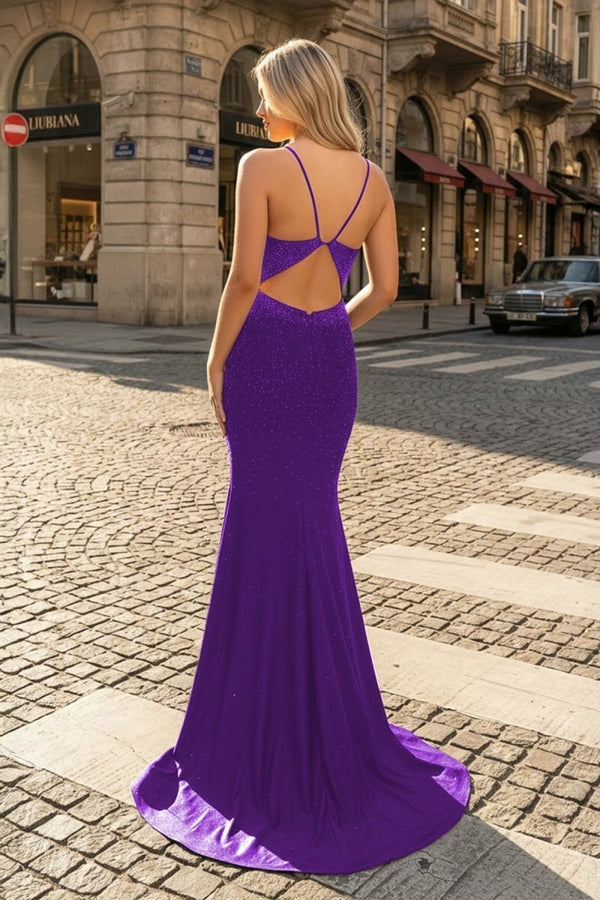 Purple Mermaid Spaghetti Straps Beaded Satin Long Formal Dress (2) | KISSPROM