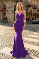 Purple Mermaid Spaghetti Straps Beaded Satin Long Formal Dress | KISSPROM