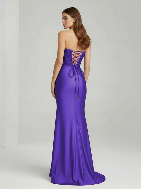Purple Mermaid Strapless Satin Long Party Dress With Beading (2) | KISSPROM