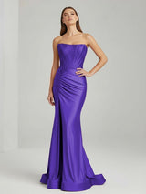 Purple Mermaid Strapless Satin Long Party Dress With Beading | KISSPROM