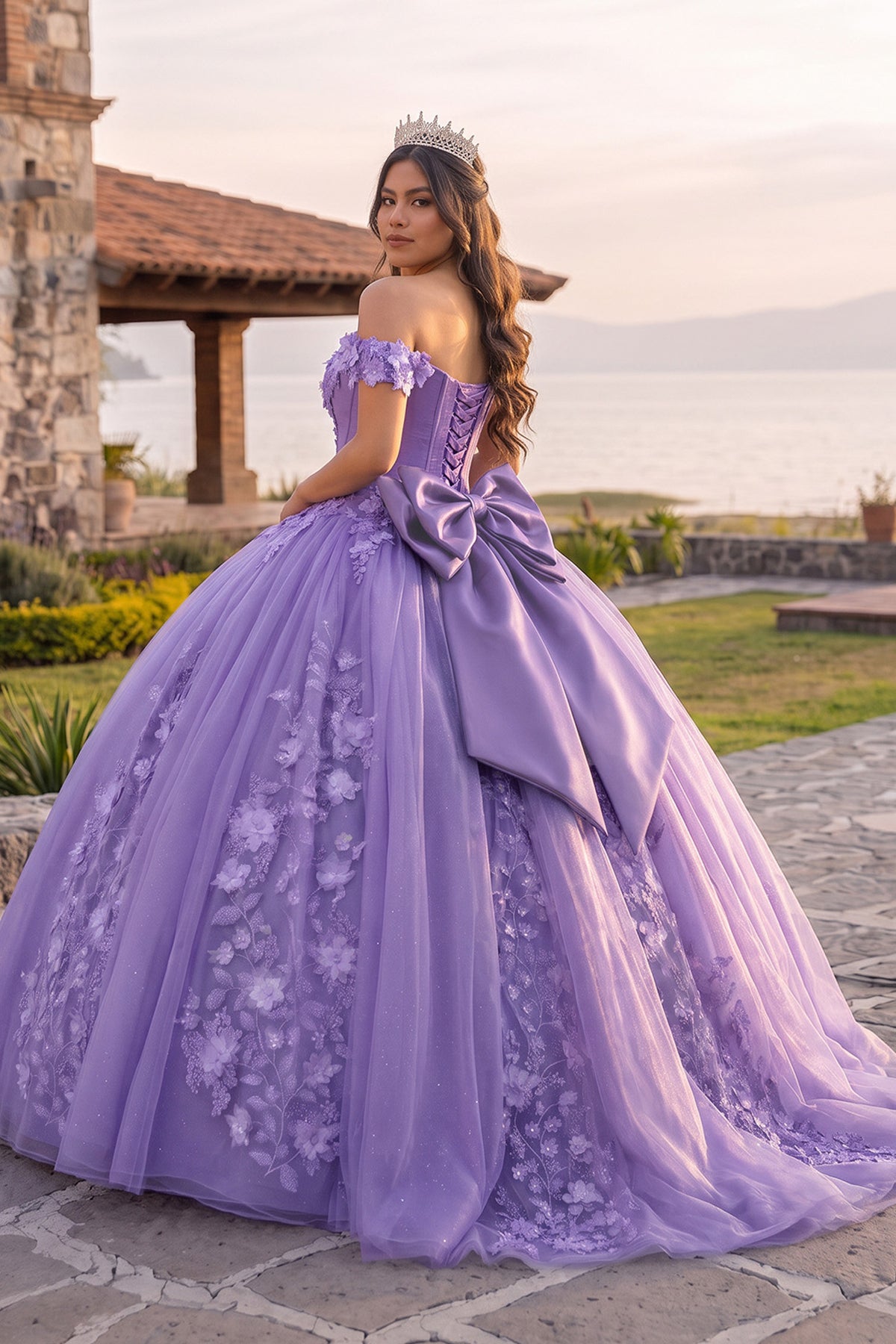 Off Shoulder 3D Floral Applique Quinceanera Dresses
