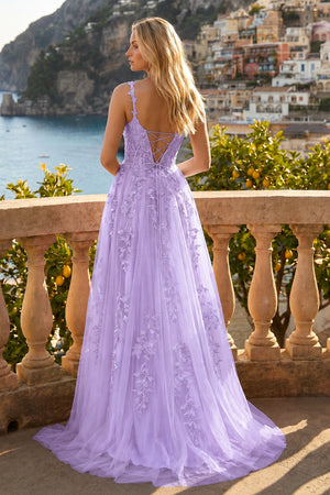 A-line V Neck Lace Tulle Prom Dress With Slit - KissProm