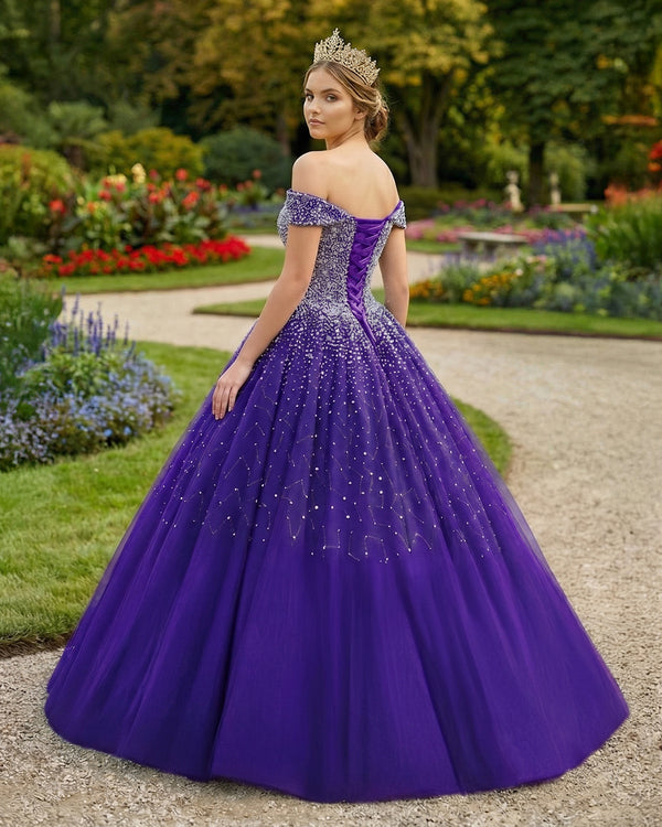 Purple Off The Shoulder Tulle Quinceanera Dresses With Beadings (2) | KISSPROM