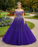 Purple Off The Shoulder Tulle Quinceanera Dresses With Beadings | KISSPROM