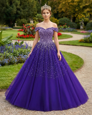 Purple Off The Shoulder Tulle Quinceanera Dresses With Beadings | KISSPROM