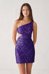 Purple One Shoulder Sequins Bodycon Cutout Mini Party Dress | KISSPROM