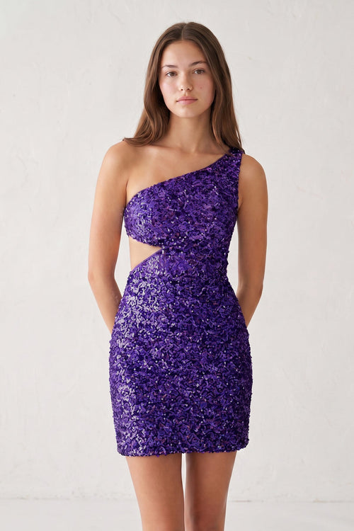 Purple One Shoulder Sequins Bodycon Cutout Mini Party Dress | KISSPROM
