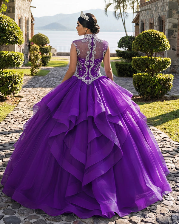 Purple Organza High Neck Quinceanera Dresses Burgundy Prom Dresses (2) | KISSPROM