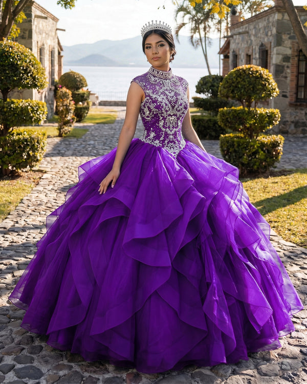 Purple Organza High Neck Quinceanera Dresses Burgundy Prom Dresses | KISSPROM