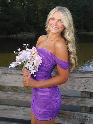 Purple Pink Off The Shoulder Tulle Short Homecoming Dresses (2) | KISSPROM