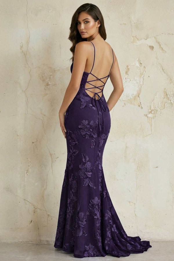 Purple Spaghetti Straps Mermaid Tulle Long Formal Dress With Appliques (2) | KISSPROM