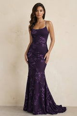 Purple Spaghetti Straps Mermaid Tulle Long Formal Dress With Appliques | KISSPROM