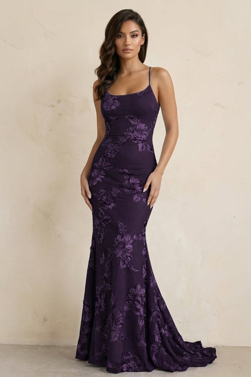 Purple Spaghetti Straps Mermaid Tulle Long Formal Dress With Appliques | KISSPROM