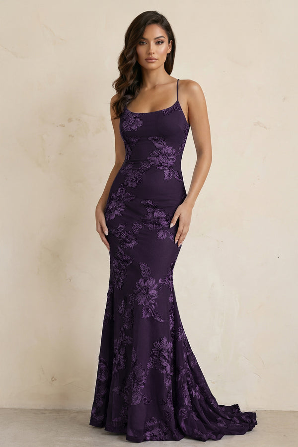 KissProm-Purple Spaghetti Straps Mermaid Tulle Long Prom Dresses With Appliques