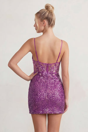 Purple Sparkle Appliques Sequin Bodycon Mini Homecoming Dresses - KISSPROM