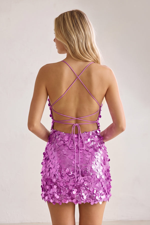 Purple Sparkly Spaghetti Straps Sequin Sheath Homecoming Dress (2) | KISSPROM