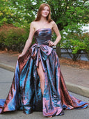 Purple Strapless A-Line Metallic Long Formal Dress With Bow | KISSPROM