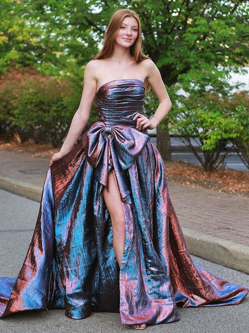 Purple Strapless A-Line Metallic Long Formal Dress With Bow | KISSPROM