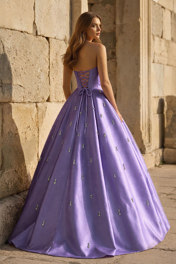 KissProm-Purple Strapless A Line Satin Long Prom Dresses With Beading