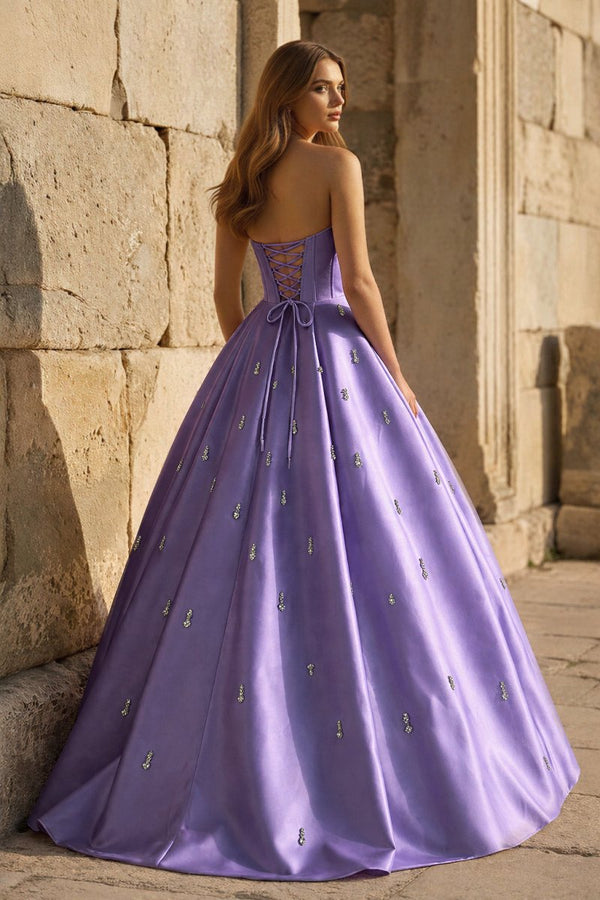 Yellow Strapless A Line Satin Long Prom Dresses With Beading – Prom Dress by KissProm | Available at KissProm